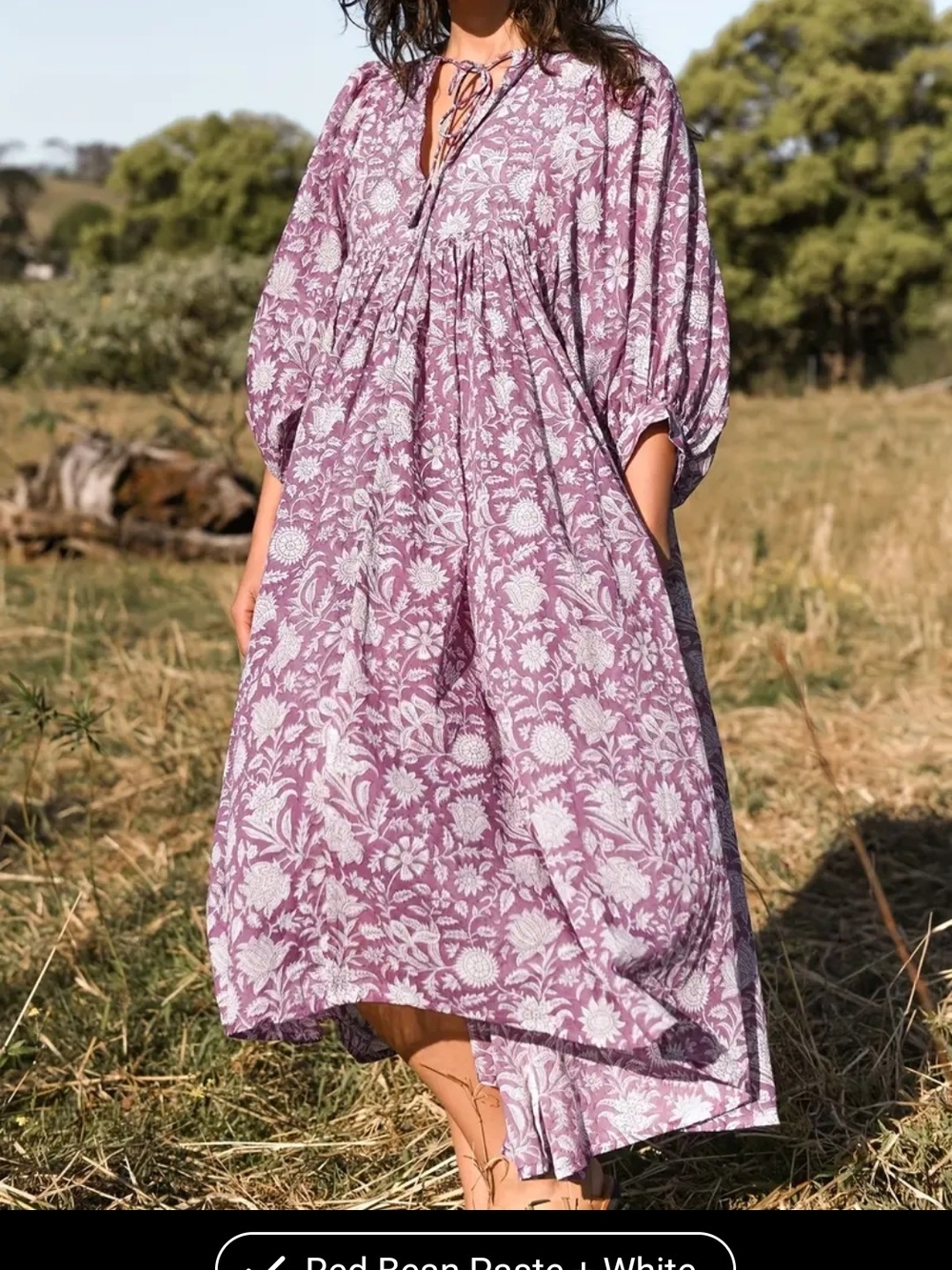 Mauve Floral Print Peasant Maxi Dress